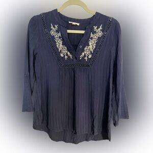 Blue Pleated 3/4 Sleeve Blouse with Bib Collar and White Floral Embroidary